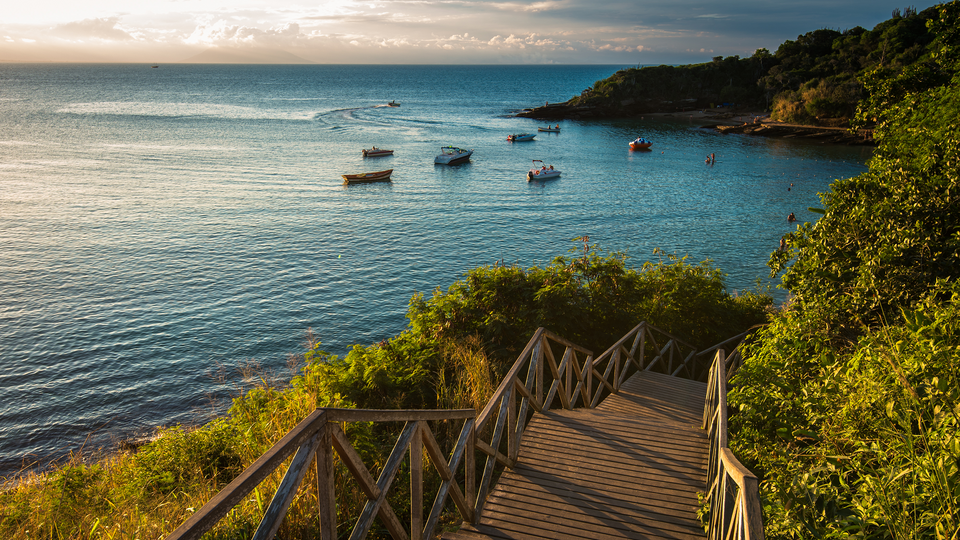 Wooden Stairs Leading to the Azeda Beach by Sunset in Buzios, Brazil