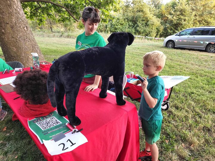 photo of a child searching a stuffed dog for ticks